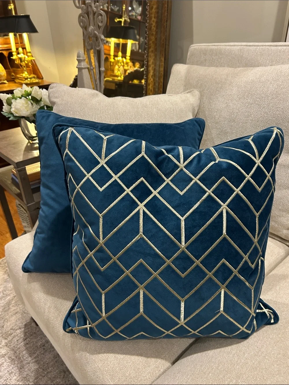 Teal Velvet Geometric Pillow with Metallic Stitching does not include I inserts